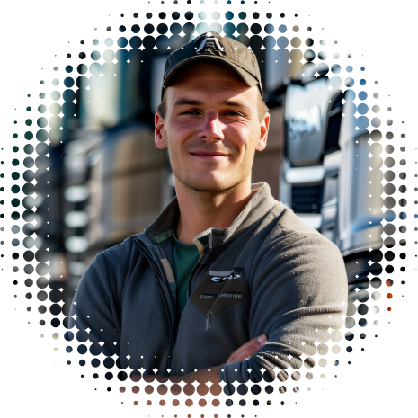 risco-logistico - homem de boné, braços cruzados sorrindo, à frente de uma frota de caminhões